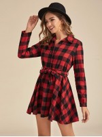 Gingham Half Button Belted Shirt Dress