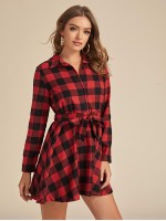 Gingham Half Button Belted Shirt Dress