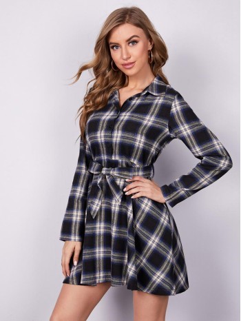 Buffalo Plaid Self Tie Button Front Shirt Dress