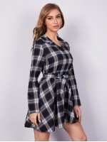 Buffalo Plaid Self Tie Button Front Shirt Dress