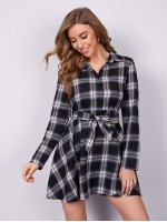 Buffalo Plaid Self Tie Button Front Shirt Dress