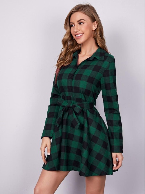 Buffalo Plaid Self Tie Button Front Shirt Dress