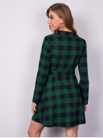 Buffalo Plaid Self Tie Button Front Shirt Dress