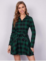 Buffalo Plaid Self Tie Button Front Shirt Dress