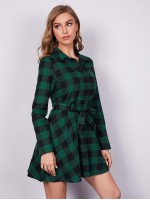 Buffalo Plaid Self Tie Button Front Shirt Dress