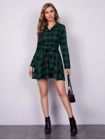 Buffalo Plaid Self Tie Button Front Shirt Dress