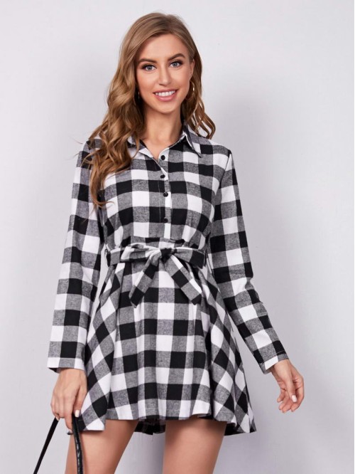 Buffalo Plaid Self Tie Button Front Shirt Dress