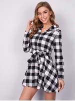 Buffalo Plaid Self Tie Button Front Shirt Dress