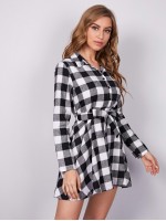 Buffalo Plaid Self Tie Button Front Shirt Dress