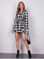 Buffalo Plaid Self Tie Button Front Shirt Dress