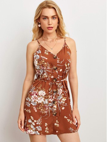 Botanical Print Button Front Cami Dress