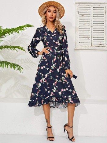 Floral Print Flounce Hem Self Belted Wrap Dress