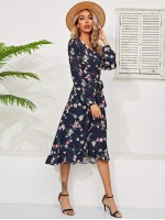 Floral Print Flounce Hem Self Belted Wrap Dress