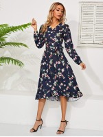 Floral Print Flounce Hem Self Belted Wrap Dress