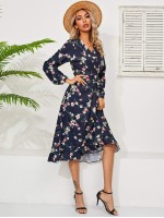 Floral Print Flounce Hem Self Belted Wrap Dress