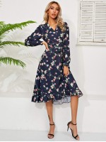 Floral Print Flounce Hem Self Belted Wrap Dress