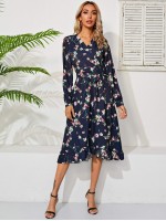 Floral Print Flounce Hem Self Belted Wrap Dress