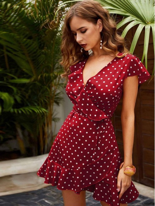 Polka Dot Ruffle Trim Self Tie Wrap Dress