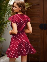 Polka Dot Ruffle Trim Self Tie Wrap Dress