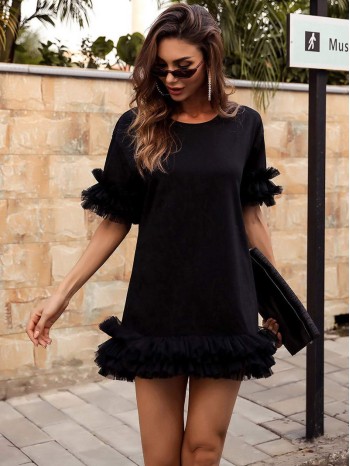 Exaggerated Ruffle Detail Solid Tee Dress