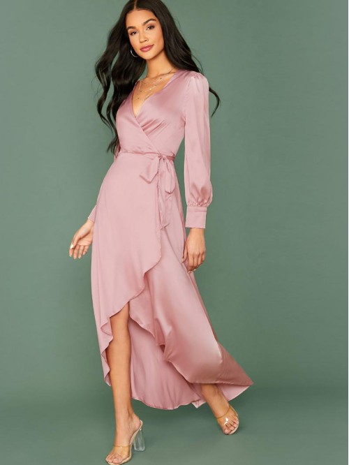 Wrap Tie Side Asymmetrical Hem Satin Dress