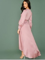 Wrap Tie Side Asymmetrical Hem Satin Dress