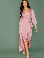 Wrap Tie Side Asymmetrical Hem Satin Dress