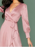 Wrap Tie Side Asymmetrical Hem Satin Dress