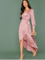 Wrap Tie Side Asymmetrical Hem Satin Dress