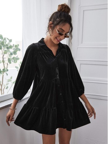 Velvet High Waist Shirt Smock Dress