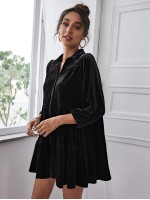 Velvet High Waist Shirt Smock Dress