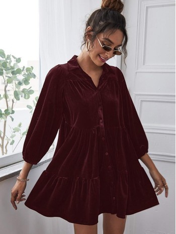 Velvet High Waist Shirt Smock Dress