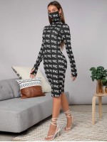 Allover Letter Graphic Dress With Neck Gaiter