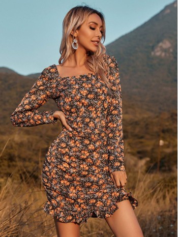 Allover Floral Print Square Neck Dress