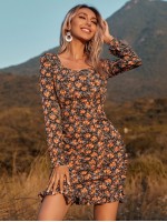 Allover Floral Print Square Neck Dress