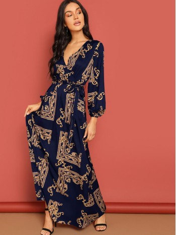 Baroque Print Lantern Sleeve Wrap One Piece Dress