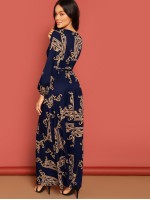 Baroque Print Lantern Sleeve Wrap One Piece Dress