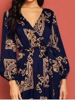 Baroque Print Lantern Sleeve Wrap One Piece Dress