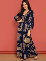 Baroque Print Lantern Sleeve Wrap One Piece Dress