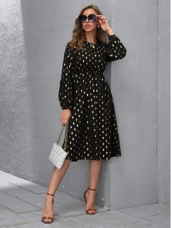 Blouson Sleeve Gold Print Button Front Dress