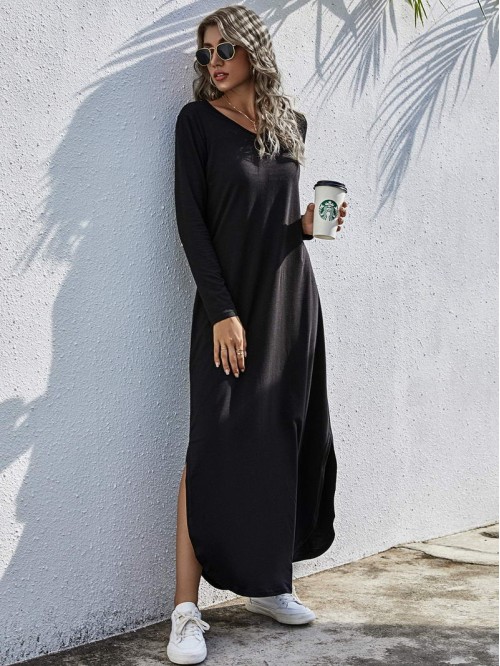 V-neck Slit Hem Tee Dress