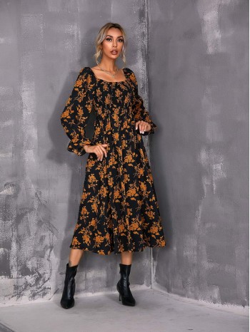 Bell Sleeve Shirred Bodice Ditsy Floral Dress