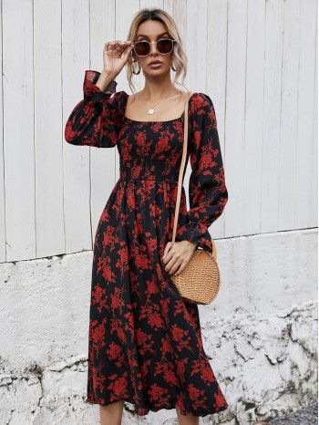 Bell Sleeve Shirred Bodice Ditsy Floral Dress