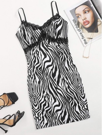 Zebra Stripe Lace Trim Cami Bodycon Dress