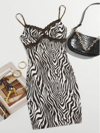 Zebra Stripe Lace Trim Cami Bodycon Dress