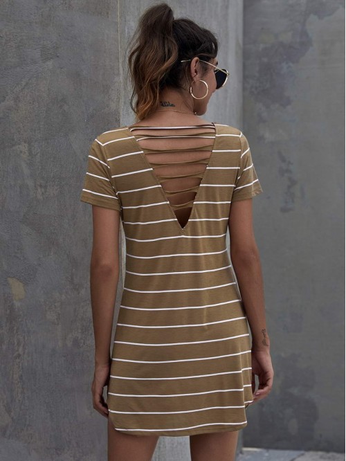 V-neck Laddering Cutout Back Striped Dress