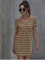 V-neck Laddering Cutout Back Striped Dress