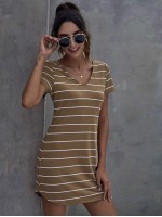 V-neck Laddering Cutout Back Striped Dress