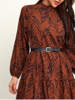 Zebra Stripe Mock Neck Belted Ruffle Hem Dress