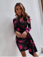 Velvet Floral Pattern Mandarin Collar Draped Bodycon Dress